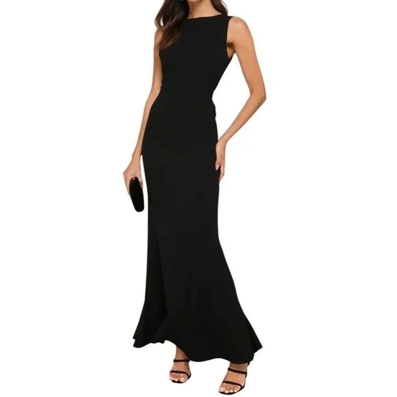 NWT Lulus Exquisite Refinement Black Backless Bow Ruffled Maxi Dress S Formal - Picture 2 of 14